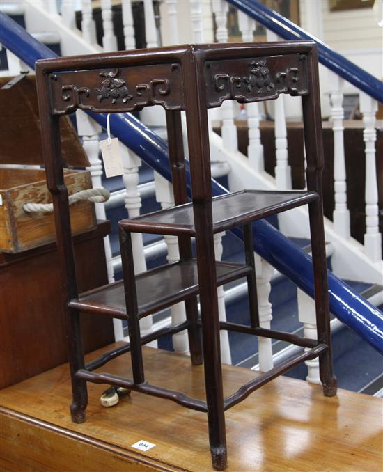 An early 20th century Chinese hardwood three tier occasional table, W.1ft 4in. D.1ft 4in. H.2ft 6in.